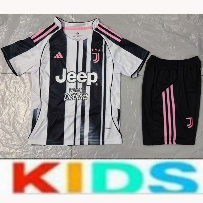 25/26 kids Juventus Home White Black Kids Jersey Kit Short Sleeve (Shirt + Short)-6043466
