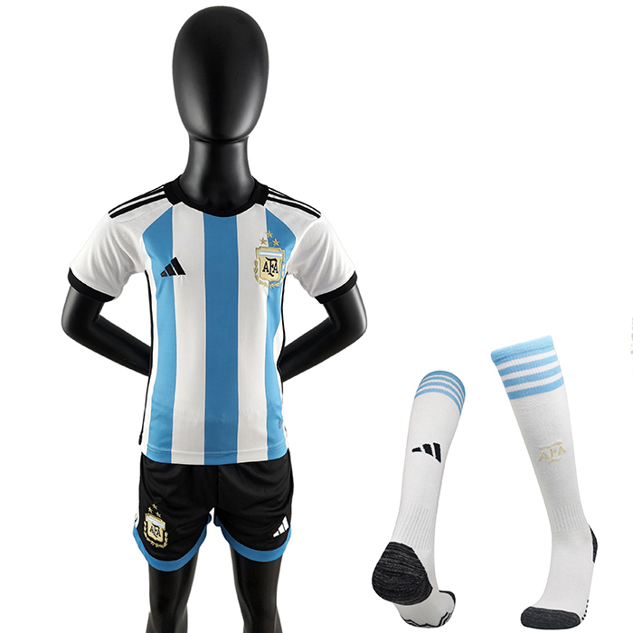 2022 World Cup Kids Argentina 3-Star Home Blue White Kids Jersey Kit short sleeve (Shirt + Short+Sock)-5821793