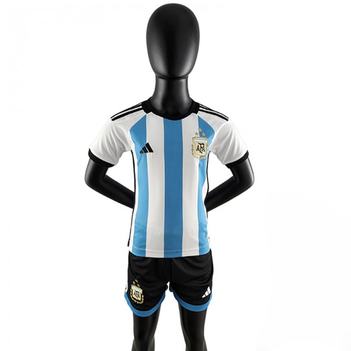 2022 World Cup Kids Argentina 3-Star Home Blue White Kids Jersey Kit short sleeve (Shirt + Short)-6839815