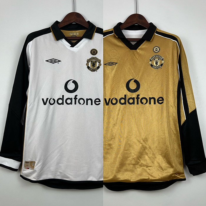 Retro 01/02 Manchester United M-U 100th Anniversary Edition White Gold Jersey Kit Long Sleeve-5879981
