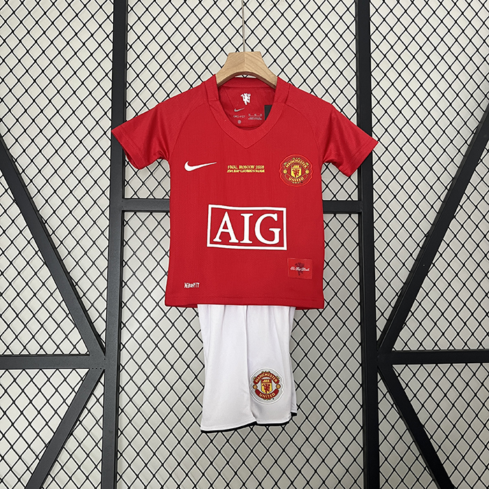 Retro 07/08 Kids Manchester United M-U UEFA Champions League Home Red Kids Jersey Kit short Sleeve (Shirt + Short)-7712643
