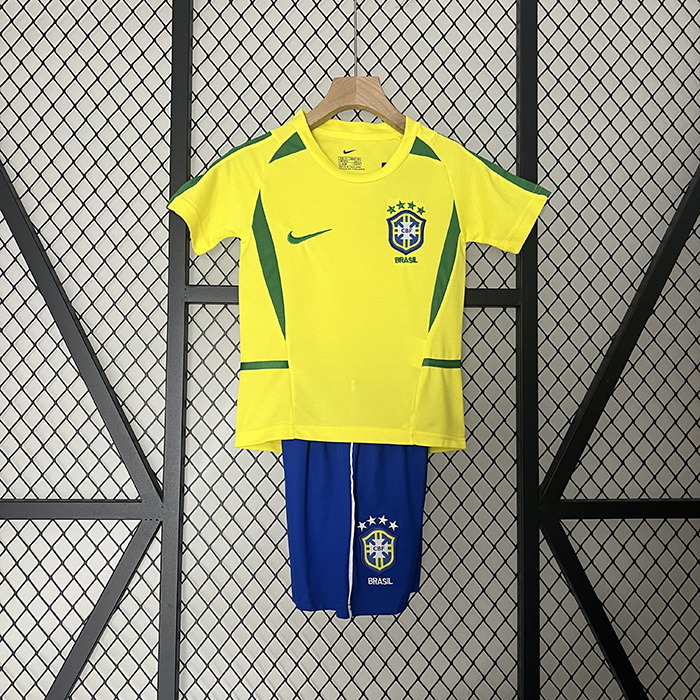 Retro Kids 2002 Brazil Home Kids Yellow Jersey Kit short Sleeve (Shirt + Short)-9675313