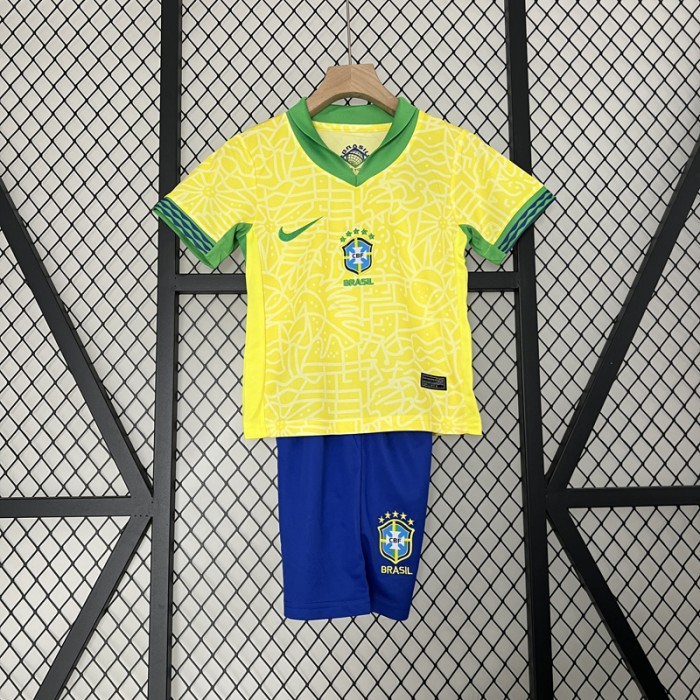 2024 Kids Brazil Home Yellow Kids Jersey Kit short Sleeve (Shirt + Short)-2608140