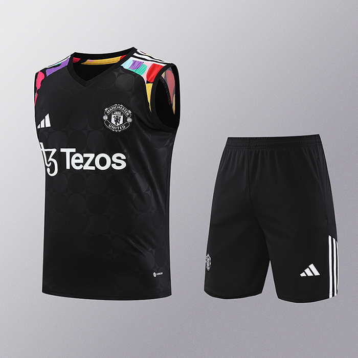 24/25 Manchester United M-U Training Black Jersey Kit Sleeveless (Vest + Short)-5975517