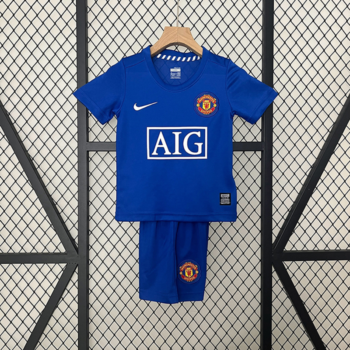 Retro kids 08/09 Manchester United M-U Third Away Blue Kids Jersey Kit short Sleeve (Shirt + Short)-8584276