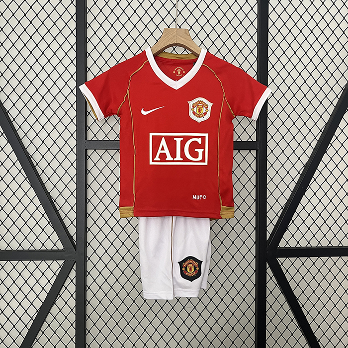 Retro kids 06/07 Manchester United M-U Home Red White Kids Jersey Kit short Sleeve (Shirt + Short)-6881596