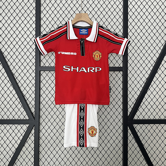 Retro kids 98/99 Manchester United M-U Home Red White Kids Jersey Kit short Sleeve (Shirt + Short)-7534339
