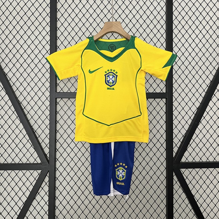Retro 2004 Kids Brazil Home Yellow Green Kids Jersey Kit short sleeve (Shirt + Short)-3855296