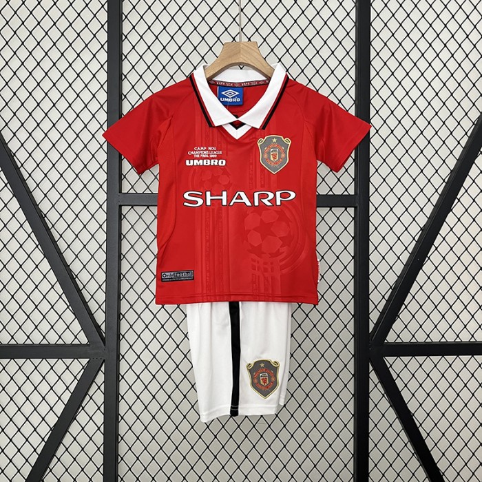 Retro 99/00 Kids Manchester United M-U Home Red White Kids Jersey Kit short sleeve (Shirt + Short)-8192081