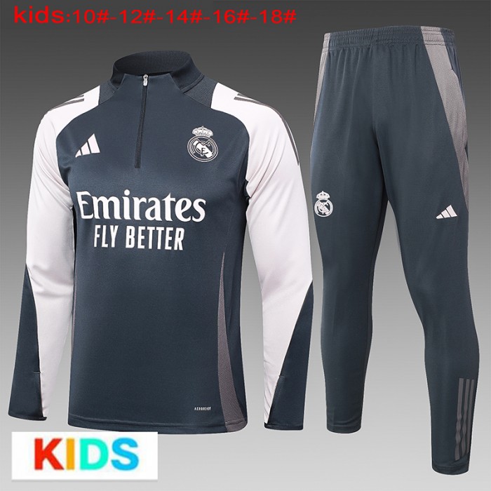 24/25 Kids Real Madrid Gray Khaki Edition Classic Jacket Training Suit (Top+Pant)-3883697
