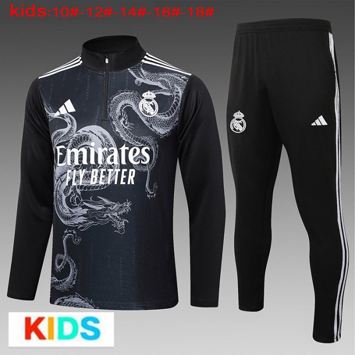 24/25 Kids Real Madrid Black White Edition Classic Jacket Training Suit (Top+Pant)-1274656