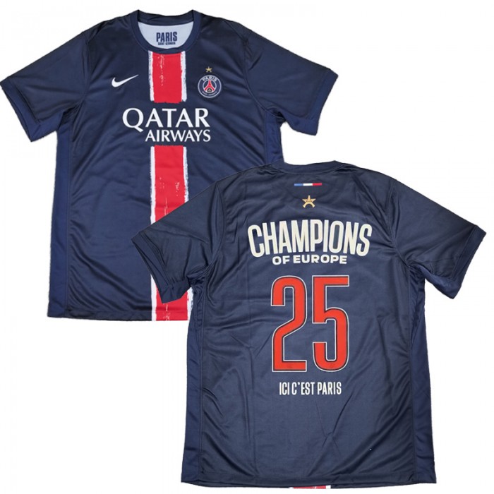 24/25 Paris Saint-Germain PSG Home Champions of Europe Navy Blue Jersey Version Short Sleeve-1705546