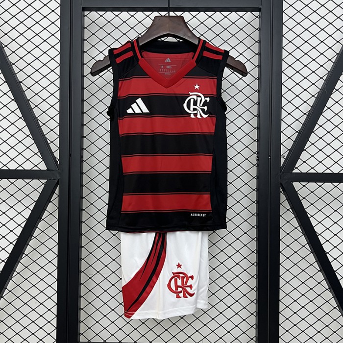 25/26 Kids Flamengo Home Red Black Kids Jersey Kit Vest Sleeve (Vest + Short)-4079688