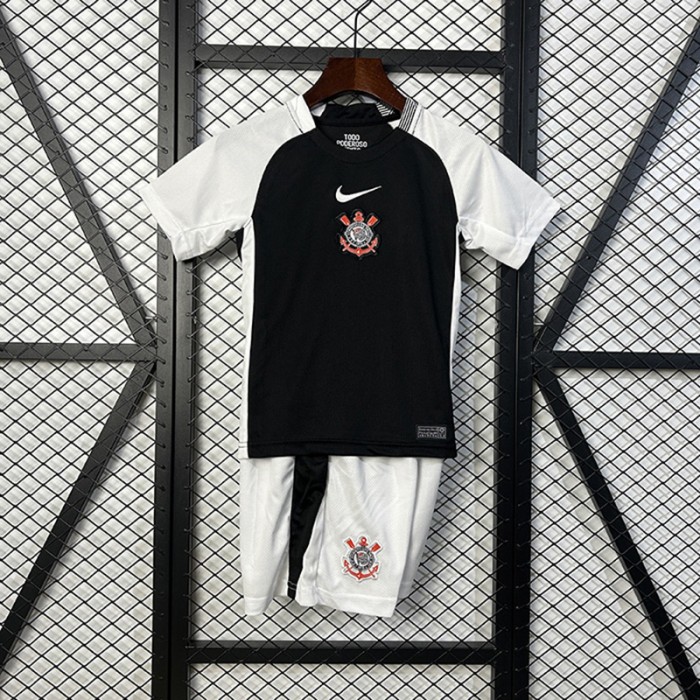 25/26 Kids Corinthians Home Black White Kids Jersey Kit Short Sleeve (Shirt + Short)-4022149