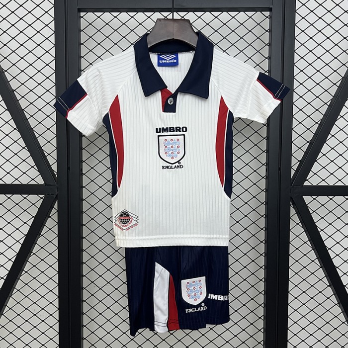 Retro 1998 Kids England Home White Kids Jersey Kit Short Sleeve (Shirt + Short)-5142576
