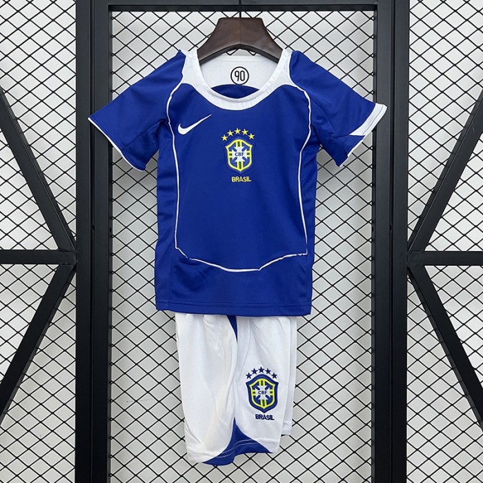 Retro 2004 Kids Brazil Away Blue White Kids Jersey Kit Short Sleeve (Shirt + Short)-6211816