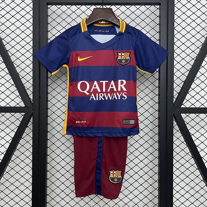 Retro 15/16 Kids Barcelona Home Navy Blue Red Kids Jersey Kit Short Sleeve (Shirt + Short)-5242361
