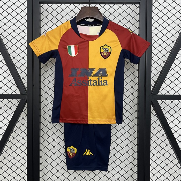 Retro 01/02 Kids Roma Home Yellow Red Kids Jersey Kit Short Sleeve (Shirt + Short)-7685140