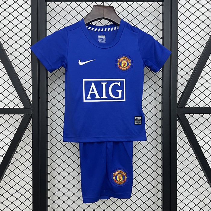 Retro 08/09 Kids Manchester United M-U Away Blue Kids Jersey Kit Short Sleeve (Shirt + Short)-3468666
