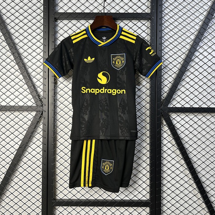 25/26 Kids Manchester United M-U Third Away Black Yellow Kids Jersey Kit Short Sleeve (Shirt + Short)-2896954