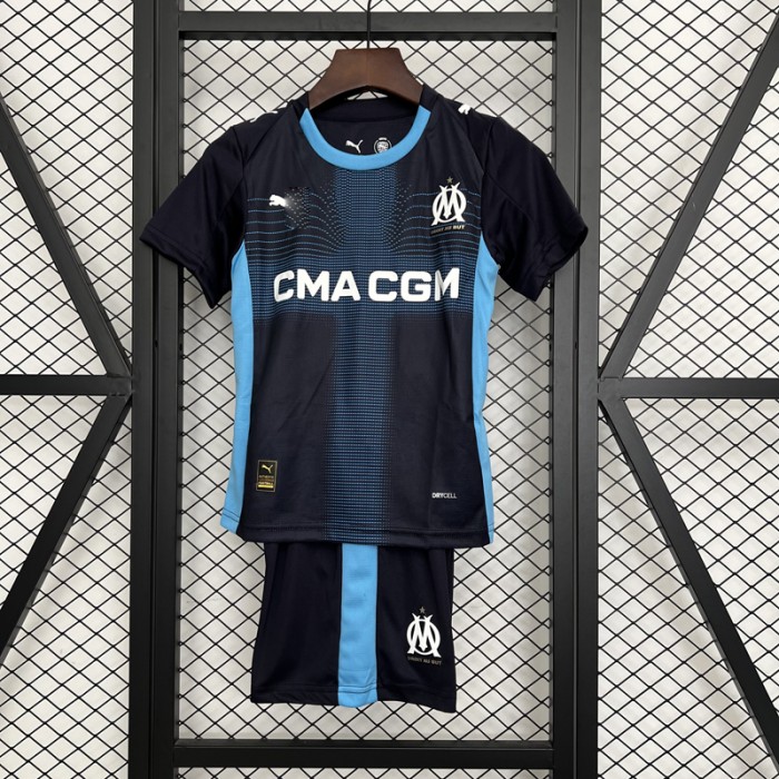 25/26 Kids Marseille Away Black Blue Jersey Kit Short Sleeve (Shirt + Short)-6260864