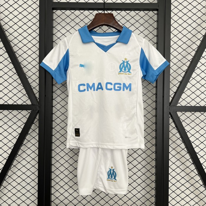 25/26 Kids Marseille Home White Blue Jersey Kit Short Sleeve (Shirt + Short)-1310024