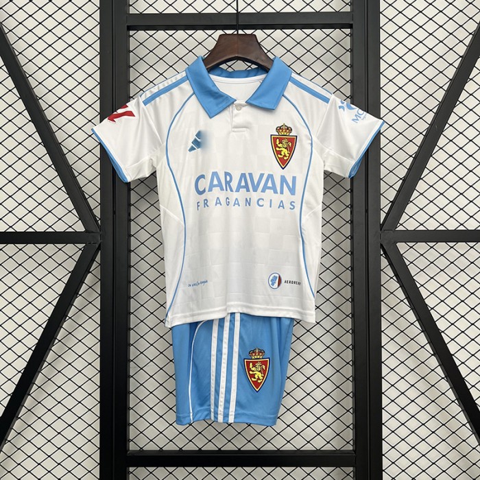 25/26 Kids Zaragoza Home White Blue Kids Jersey Kit Short Sleeve (Shirt + Short)-1933999
