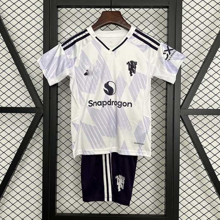25/26 Kids Manchester United M-U Away White Purple Kids Jersey Kit Short Sleeve (Shirt + Short)-6256131