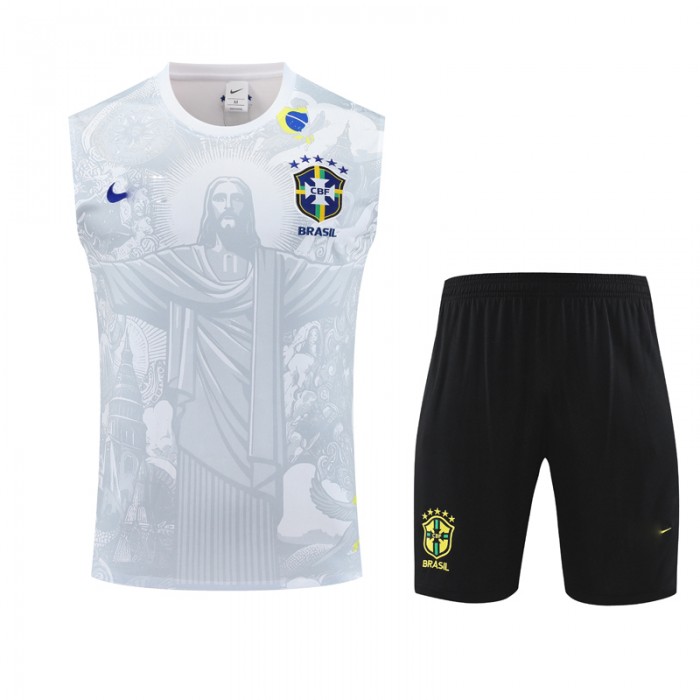 2025 Brazil White Gray Training jersey Kit Sleeveless Vest (Vest + Short)-9058232