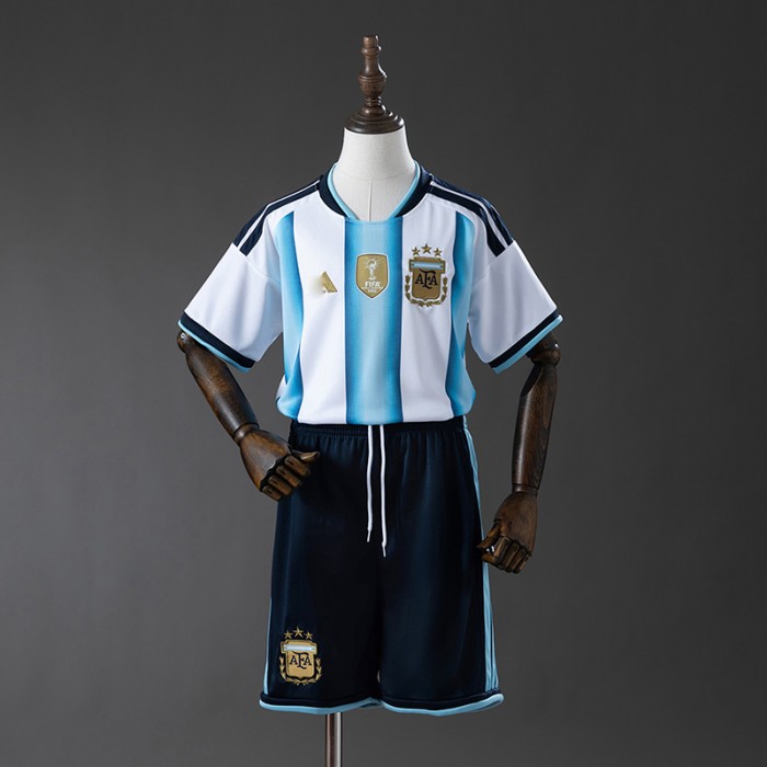 2026 World Cup Argentina Home White Blue Kids Jersey Version Short Sleeve (Shirt + Short)-315362